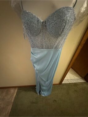Light Blue Beaded Prom Gown with Sheer Embellished Bodice